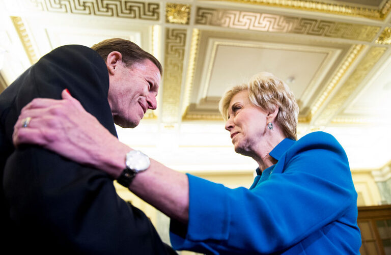 Linda McMahon speaks with Sen. Richard Blumenthal, D-Conn., before her confirmation hearing in the Senate Small Business and Entrepreneurship Committee, Jan. 24, 2017. (Bill Clark/CQ Roll Call via Getty Images)