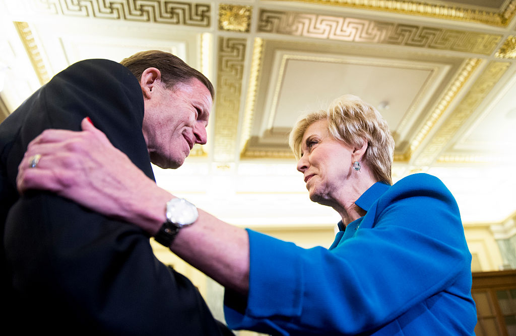 Linda McMahon speaks with Sen. Richard Blumenthal, D-Conn., before her confirmation hearing in the Senate Small Business and Entrepreneurship Committee, Jan. 24, 2017. (Bill Clark/CQ Roll Call via Getty Images)