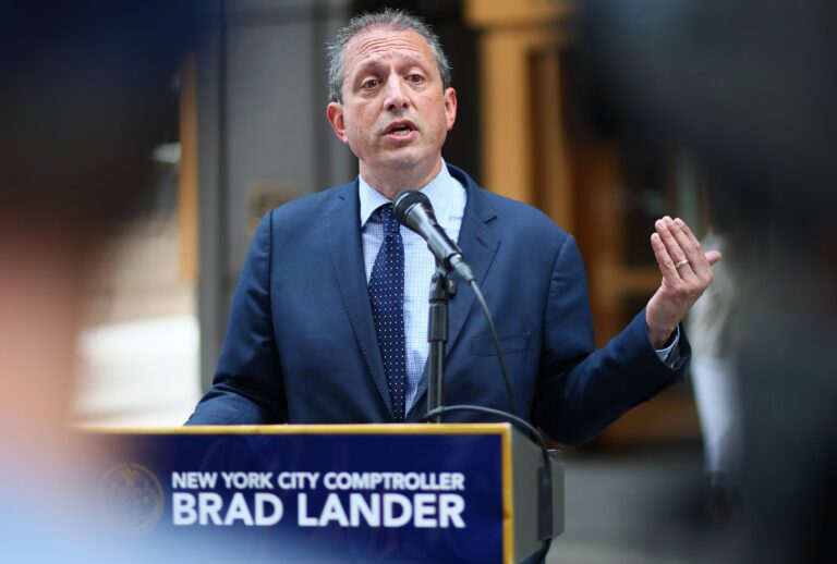 NYC Comptroller and Democratic mayoral candidate Brad Lander speaks during a press conference outside of immigration court on June 5, 2025 in New York City. (Michael M. Santiago/Getty Images)