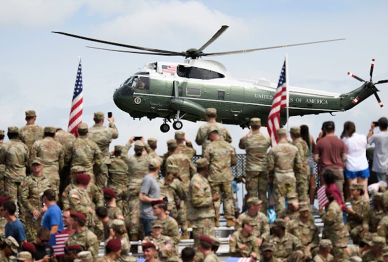 Donald Trump arrives on Marine One to speak at a rally with U.S. Army troops on June 10, 2025 at Fort Bragg, North Carolina. (Melissa Sue Gerrits/Getty Images)