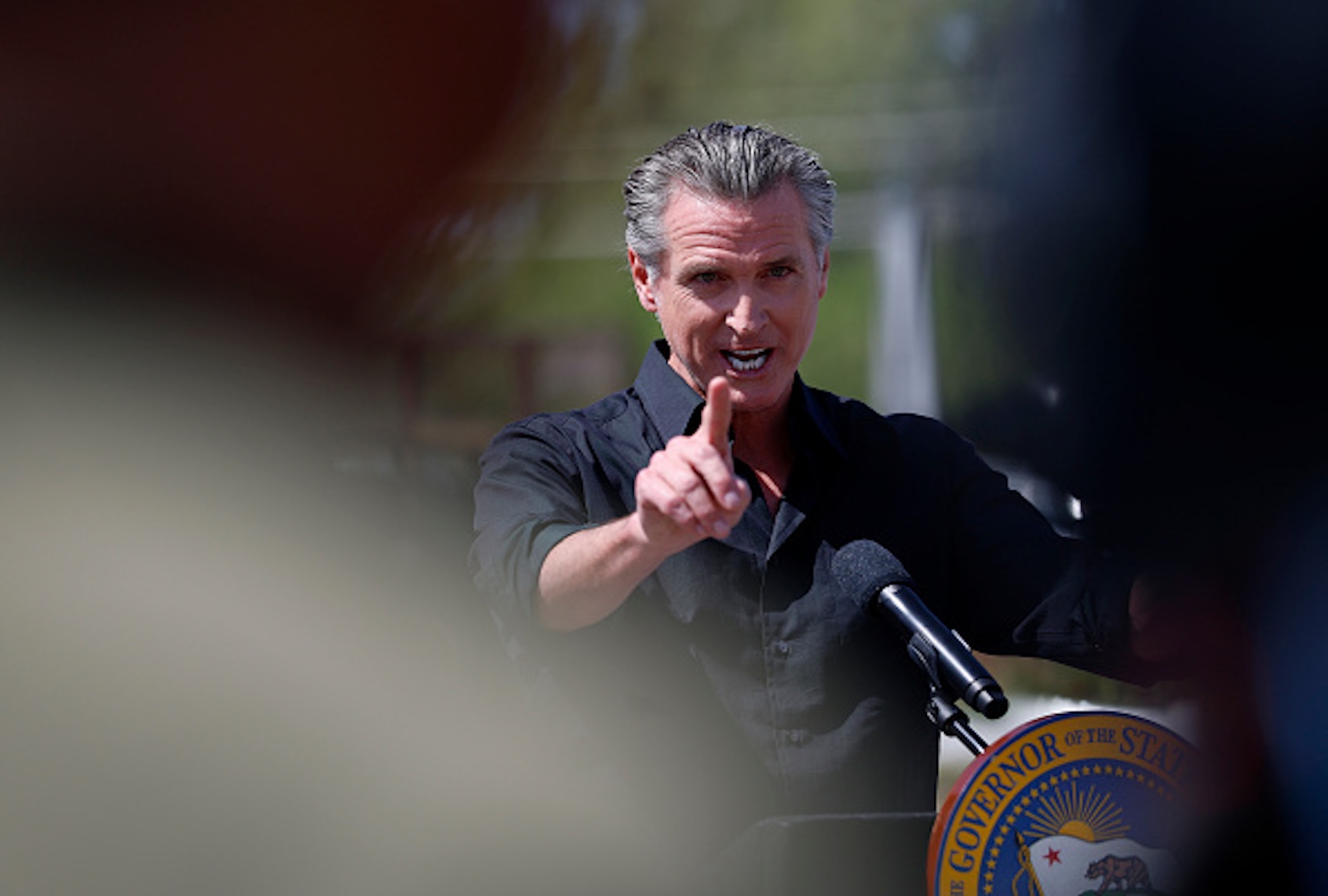 California Governor Gavin Newsom speaks during a news conference at Gemperle Orchard on April 16, 2025 in Ceres, California. (Justin Sullivan/Getty Images)