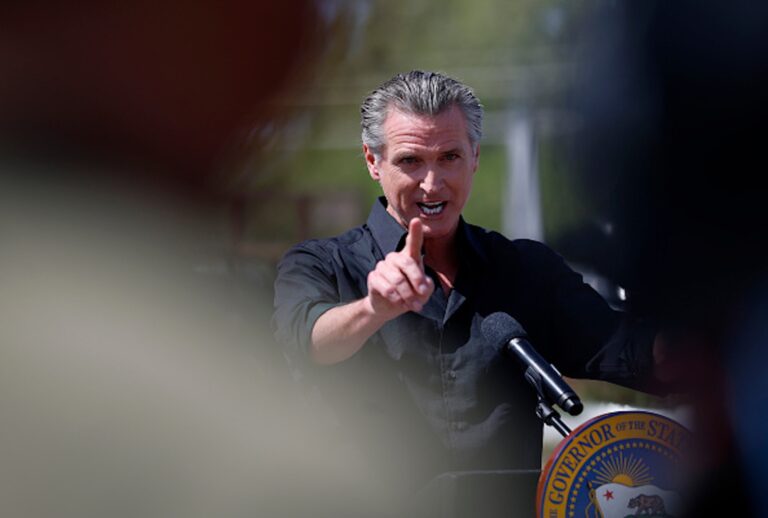 California Governor Gavin Newsom speaks during a news conference at Gemperle Orchard on April 16, 2025 in Ceres, California. ( Justin Sullivan/Getty Images)