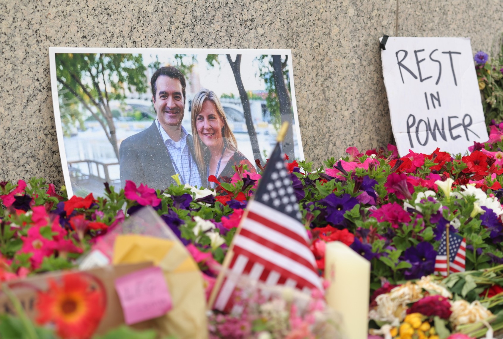 A makeshift memorial for DFL State Rep. Melissa Hortman and her husband Mark Hortman is seen at the Minnesota State Capitol building on June 16, 2025 in St. Paul, Minnesota. (Steven Garcia/Getty Images)