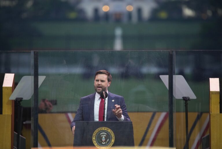 U.S. Vice President JD Vance speaks at the end of the U.S Army parade on June 14, 2025 in Washington, DC. (Andrew Harnik/Getty Images)