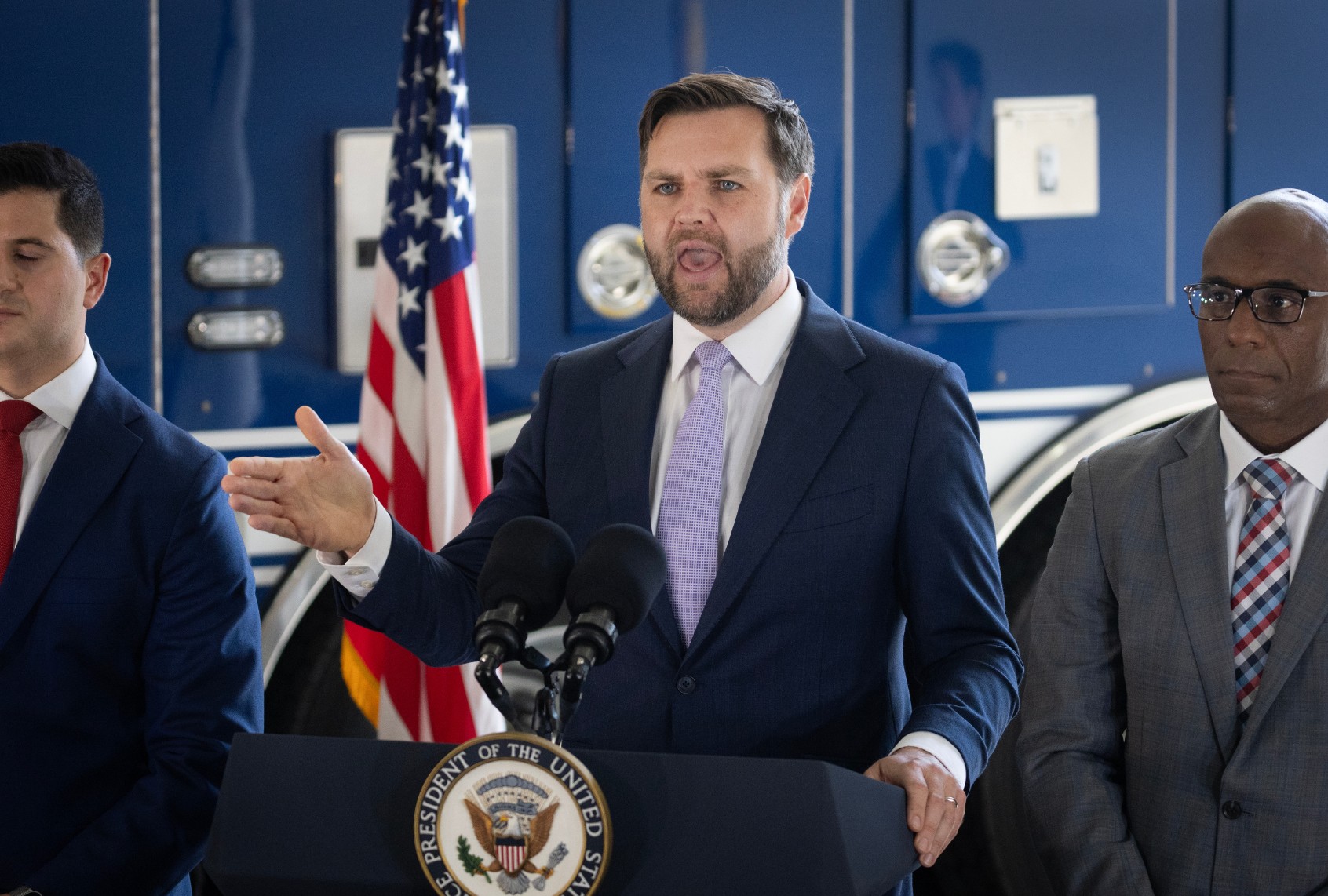 Vice President JD Vance speaks to the press following a tour of the multiagency Federal Joint Operations Center at the Wilshire Federal Building on June 20, 2025 in Los Angeles, California. (Scott Olson/Getty Images)