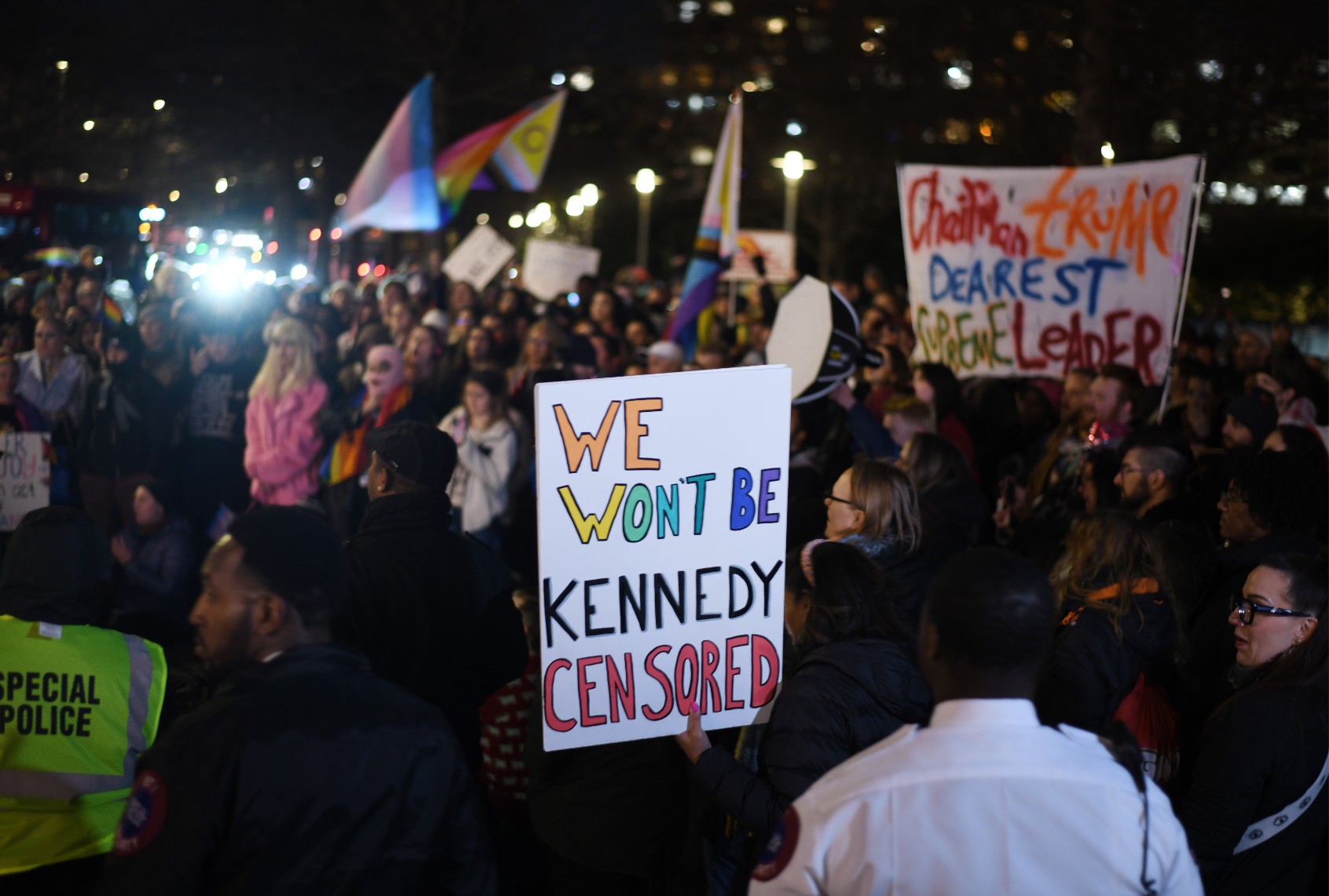 Under the motto "Rally & March for Drag" member of the LGBTQ+ community and their friends rally and march in Washington, D.C., March 8, 2025, to protest "the hostile Trump takeover of the Kennedy Center." (Astrid Riecken for The Washington Post via Getty Images)