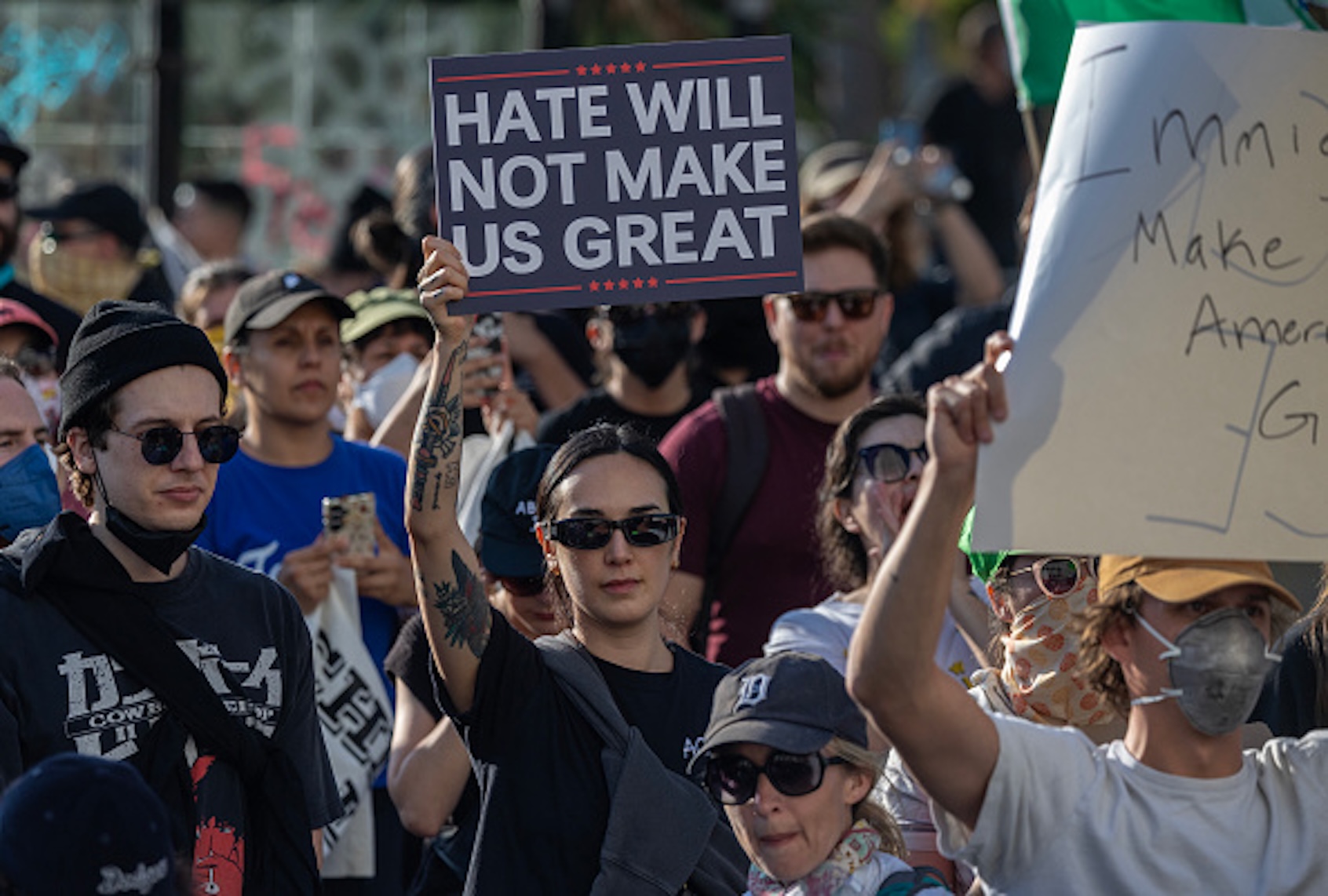 Protesters march and chant in downtown Los Angeles in response to a series of immigration raids, on June 11, 2025 in Los Angeles, California. (David McNew/Getty Images)