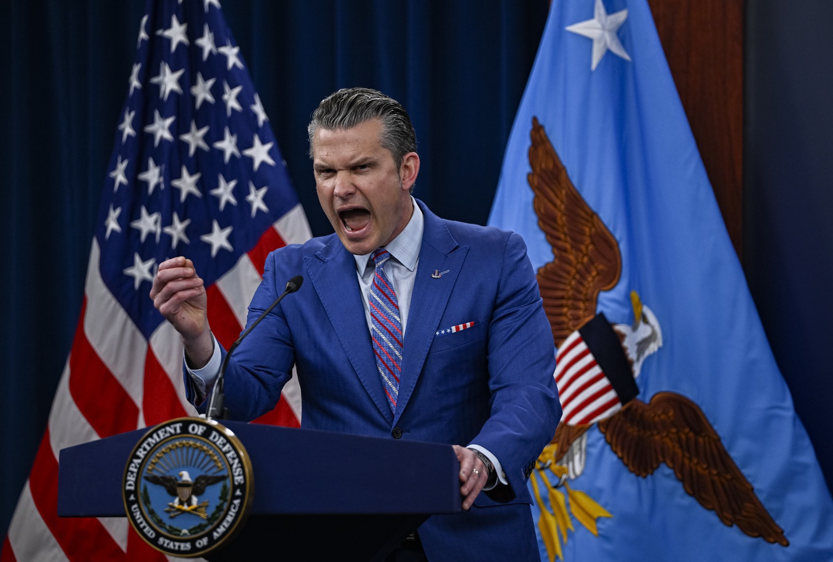 U.S. Defense Secretary Pete Hegseth and US Chairman of the Joint Chiefs of Staff Dan Caine hold a joint press conference at the Pentagon press briefing room in Washington DC, United States on June 26, 2025. (Celal Gunes/Anadolu via Getty Images)