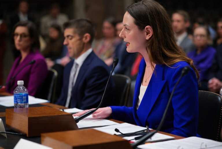 Rachel Cohen, a third-year law associate who resigned over a deal she says her high-powered law firm Skadden Law reached with the Trump administration, speaks during a hearing in the Dirksen Senate Building on April 7, 2025 in Washington, DC. (Kayla Bartkowski/Getty Images)