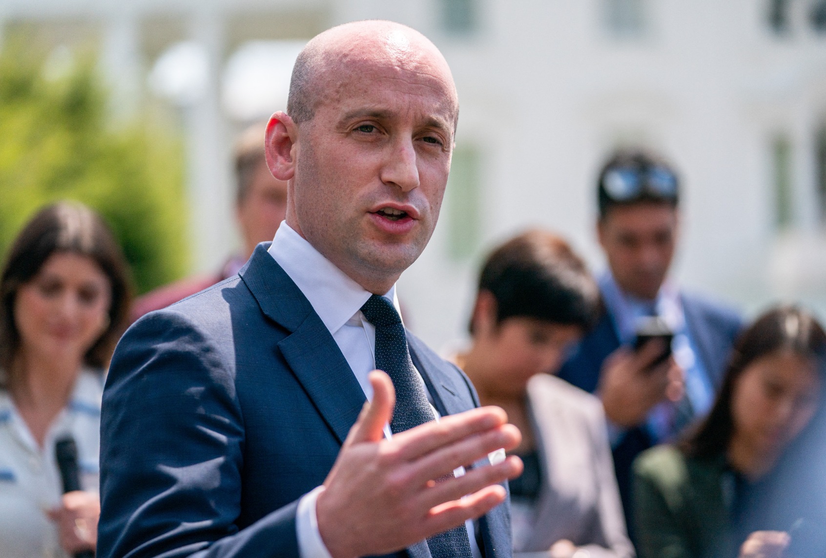White House Deputy Chief of Staff Stephen Miller speaks with members of the press outside the White House in Washington, DC, on May 30, 2025. (ALLISON ROBBERT/AFP via Getty Images)