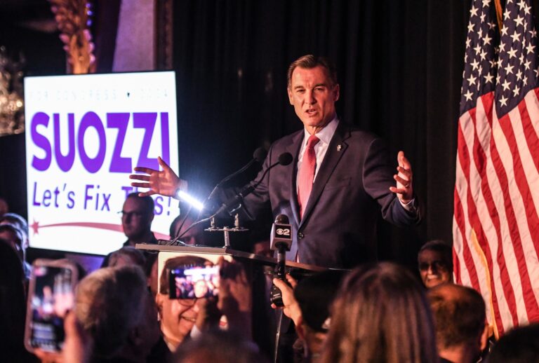 Democratic U.S. House candidate Tom Suozzi speaks following his victory in the special election to replace Republican Rep. George Santos on February 13, 2024 in Woodbury, New York. (Stephanie Keith/Getty Images)