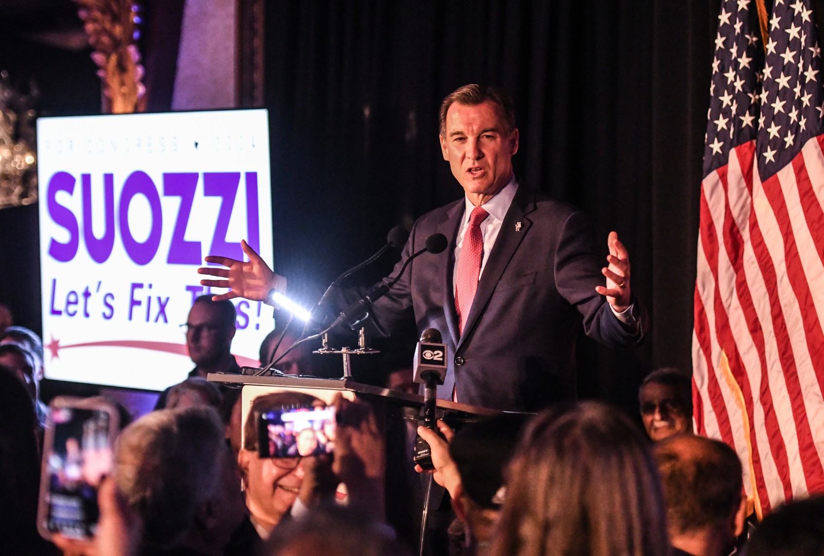 Democratic U.S. House candidate Tom Suozzi speaks following his victory in the special election to replace Republican Rep. George Santos on February 13, 2024 in Woodbury, New York. (Stephanie Keith/Getty Images)