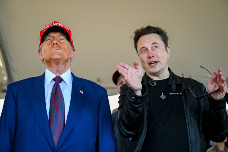 President Trump and Elon Musk during happier days at a SpaceX launch. This week, another rocket exploded during testing, just one part of a brutal stretch for Musk that includes AI losses, political fallout and a fraying public image. (Brandon Bell / Getty Images)