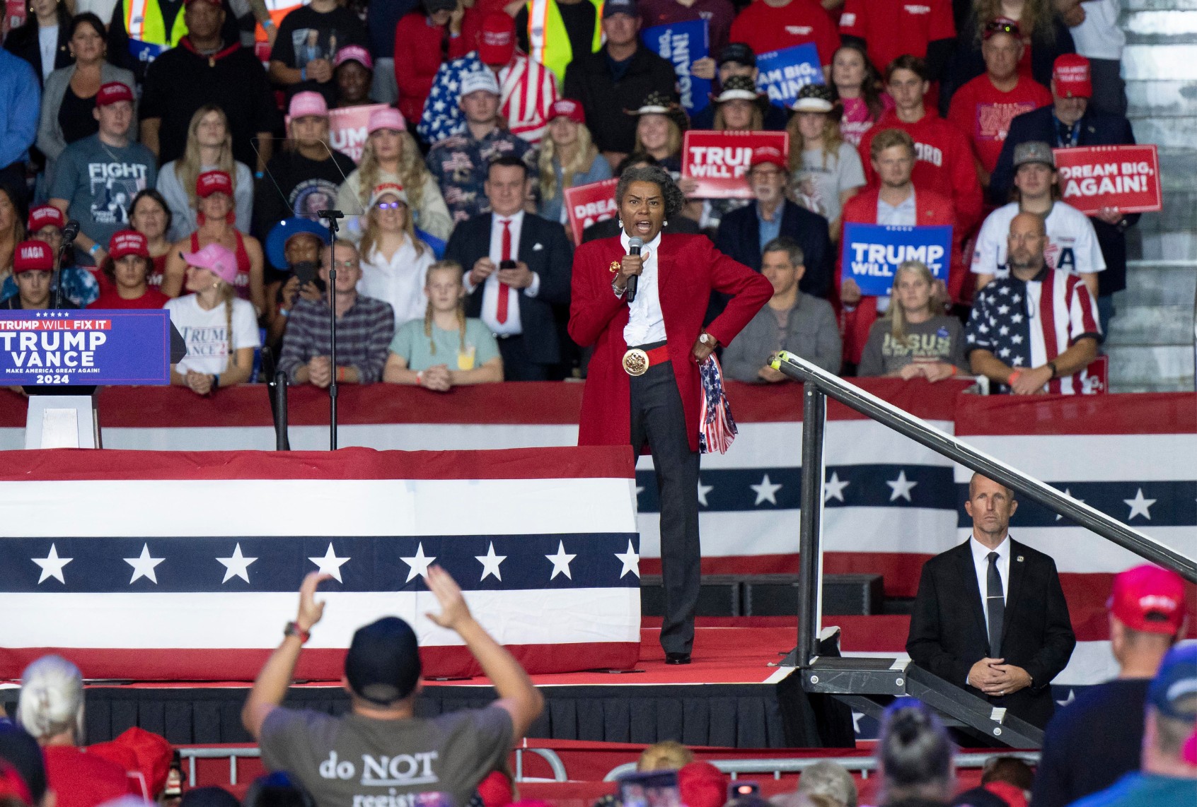 Virginia Lt. Gov. Winsome Earle-Sears speaks during a campaign rally for Donald Trump at the Salem Civic Center in Salem, Virginia, on November 2, 2024. (ALLISON JOYCE/AFP via Getty Images)