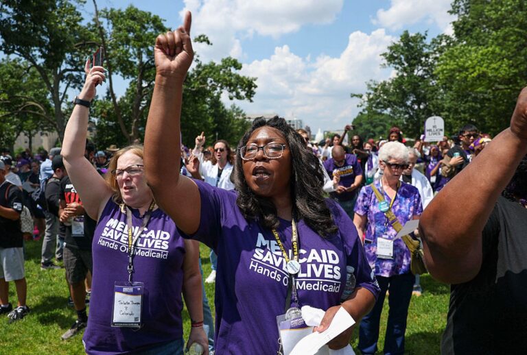 Caregivers with the Service Employees International Union (SEIU) rally against Medicaid cuts outside the Capitol on June 26, 2025. (Tasos Katopodis/Getty Images for SEIU)
