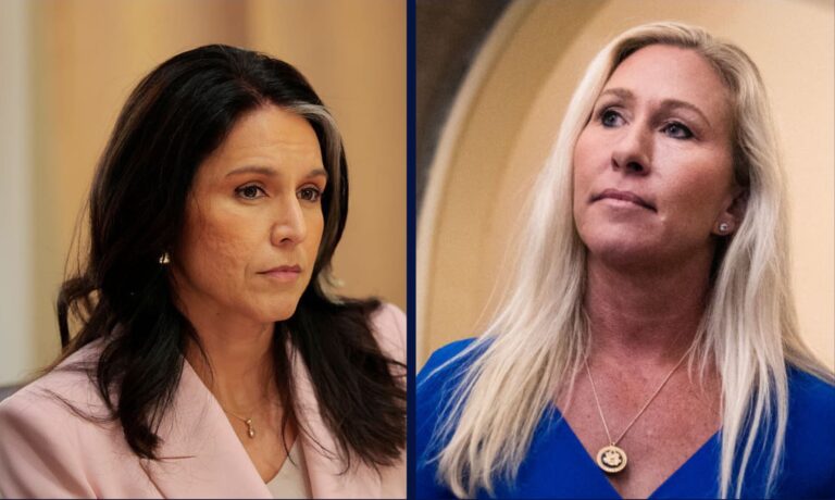 Noted Republicans DNI Tulsi Gabbarxd and Rep. Marjorie Taylor Greene both evoked conspiracy theories online this week. (Collage by Salon / Anna Moneymaker / Tom Williams / Getty Images)