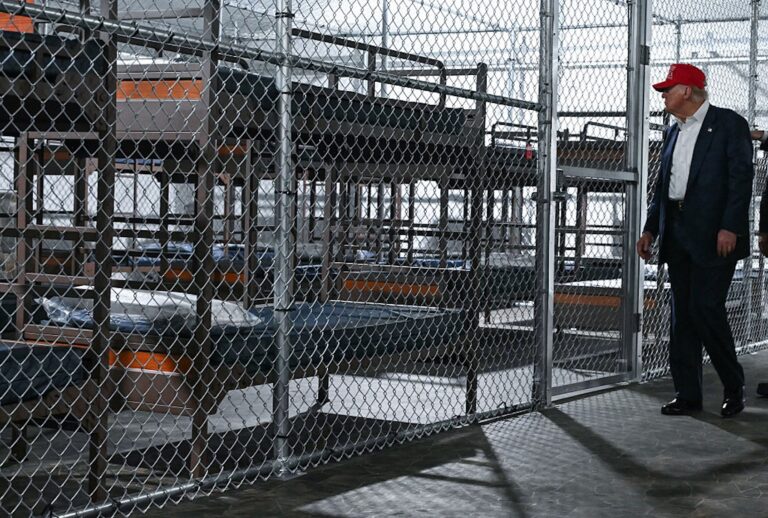 President Donald Trump tours a migrant detention center dubbed "Alligator Alcatraz" in Ochopee, Florida on July 1, 2025. (Andrew Caballero-Reynolds/AFP via Getty Images)