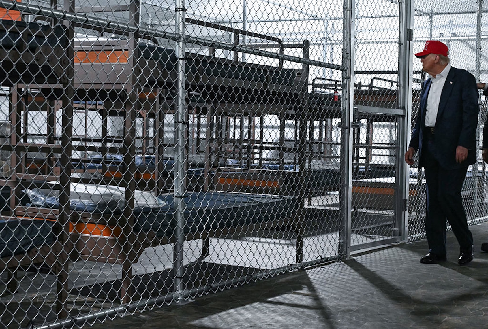 President Donald Trump tours a migrant detention center dubbed "Alligator Alcatraz" in Ochopee, Florida on July 1, 2025. (Andrew Caballero-Reynolds/AFP via Getty Images)