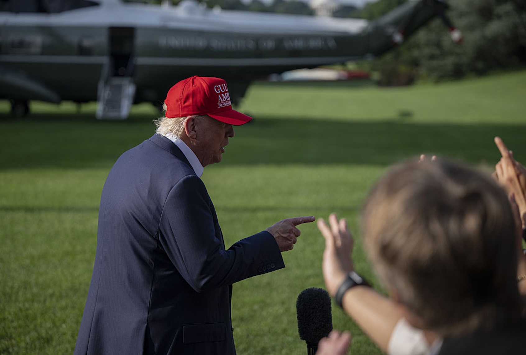 President Donald Trump speaks to the press before departing the White House for Alligator Alcatraz, Florida on July 1, 2025. (Celal Gunes/Anadolu via Getty Images)