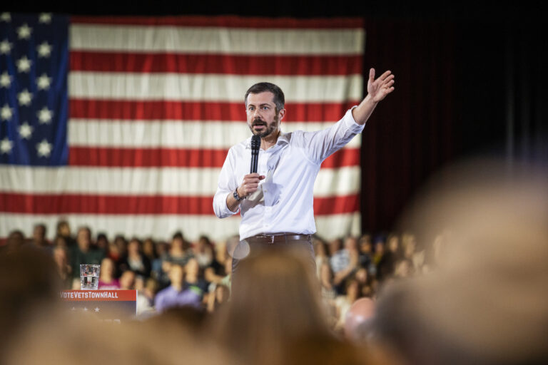 Pete Buttigieg speaks at a town hall in Cedar Rapids, Iowa on Tuesday, May 13, 2025. (Photo by KC McGinnis/Getty Images)