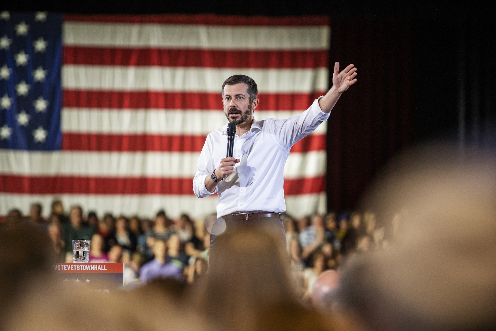 Pete Buttigieg speaks at a town hall in Cedar Rapids, Iowa on Tuesday, May 13, 2025. (Photo by KC McGinnis/Getty Images)