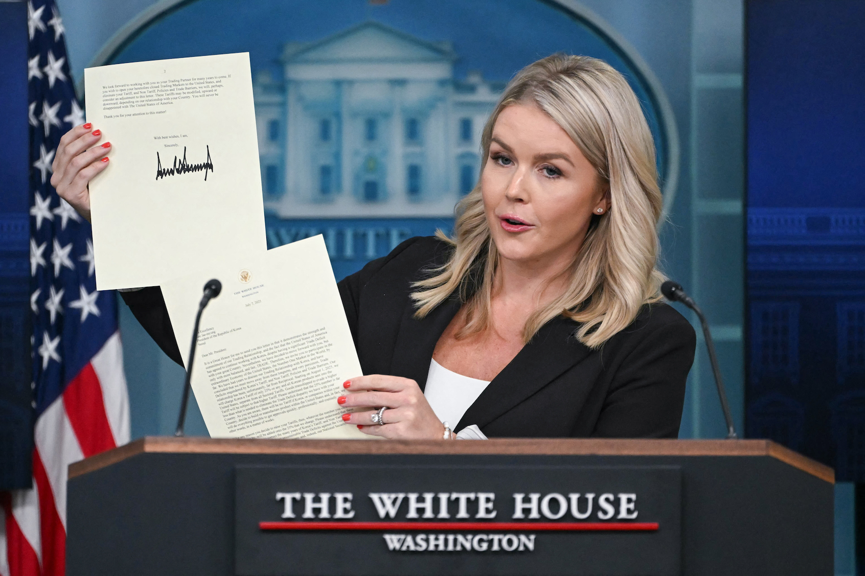 White House Press Secretary Karoline Leavitt during the daily briefing, July 7, 2025. (Andrew Caballero-Reynolds/AFP via Getty Images)