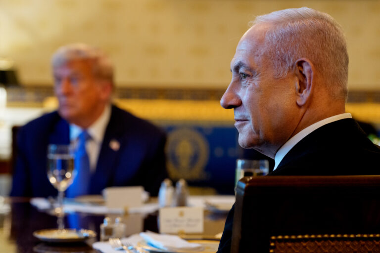 Donald Trump and Benjamin Netanyahu at dinner in the Blue Room of the White House, July 7, 2025. (Andrew Harnik/Getty Images)