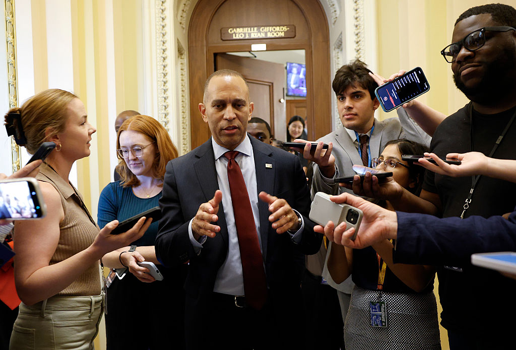 House Minority Leader Hakeem Jeffries (D-NY) walks off the House floor after speaking for 8 hours and 44 minutes as the House votes to pass Trump's sweeping tax and spending bill. (Kevin Dietsch / Getty Images)