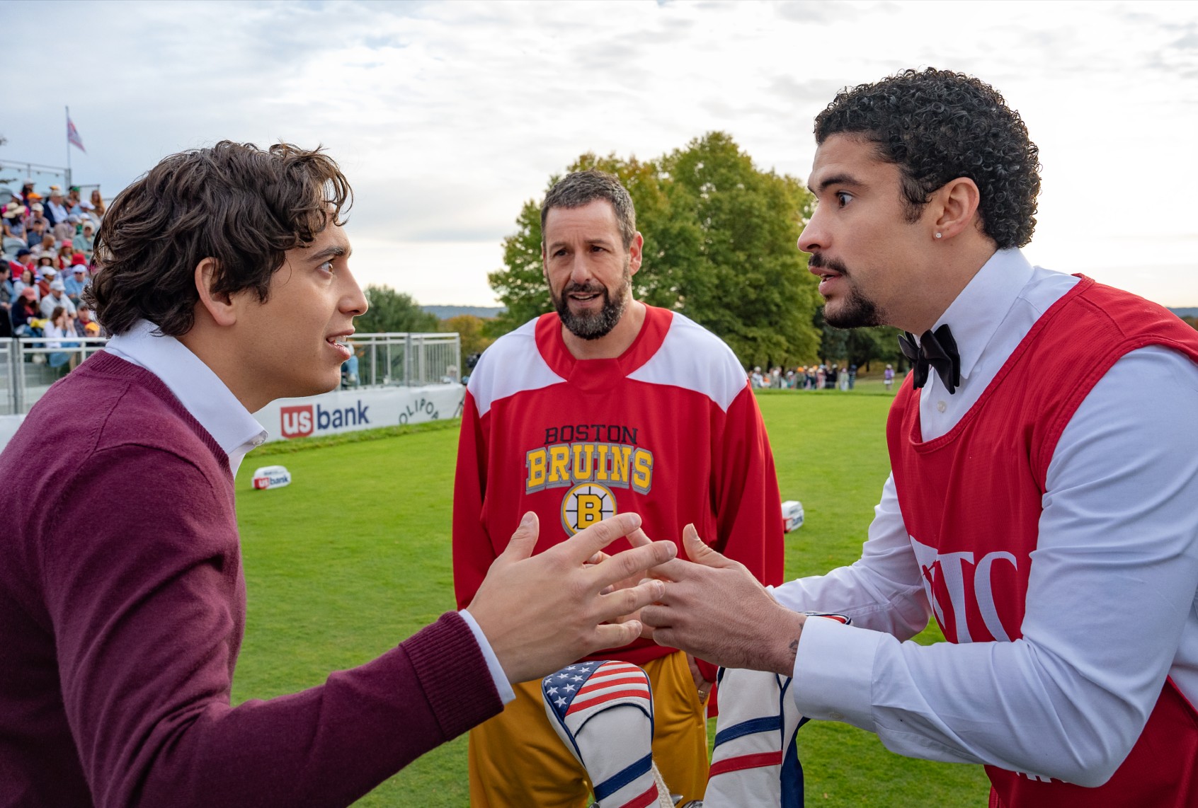 Marcello Hernandez, Adam Sandler and Benito Antonio Martinez Ocasio in "Happy Gilmore 2" (Scott Yamano/Netflix)