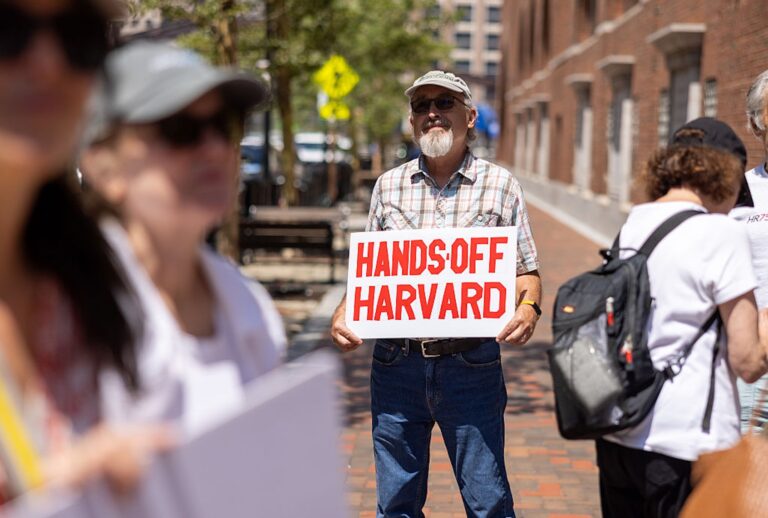 Protestors gather in Boston, Massachusetts during hearings for Harvard University's lawsuit against the Trump administration. (Scott Eisen/Getty Images)
