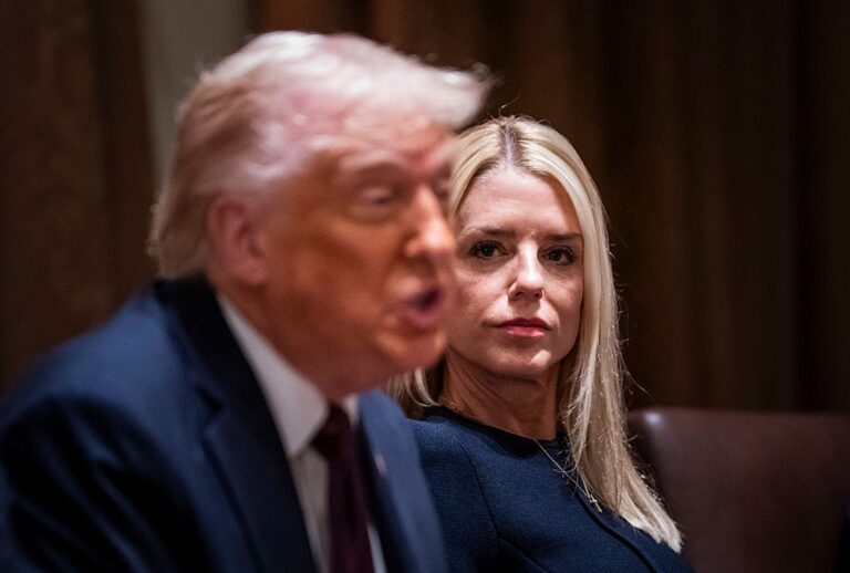 President Donald J Trump, flanked by Attorney General Pam Bondi, speaks during a cabinet meeting at the White House on Monday, March 24, 2025. (Jabin Botsford/The Washington Post via Getty Images)