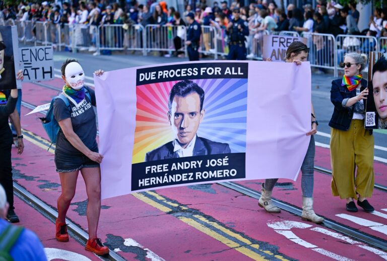 Protestors carry a sign in support of Andry José Hernández Romero during the 2025 San Francisco Pride Parade on June 29, 2025 in San Francisco, California. (Arun Nevader/Getty Images)