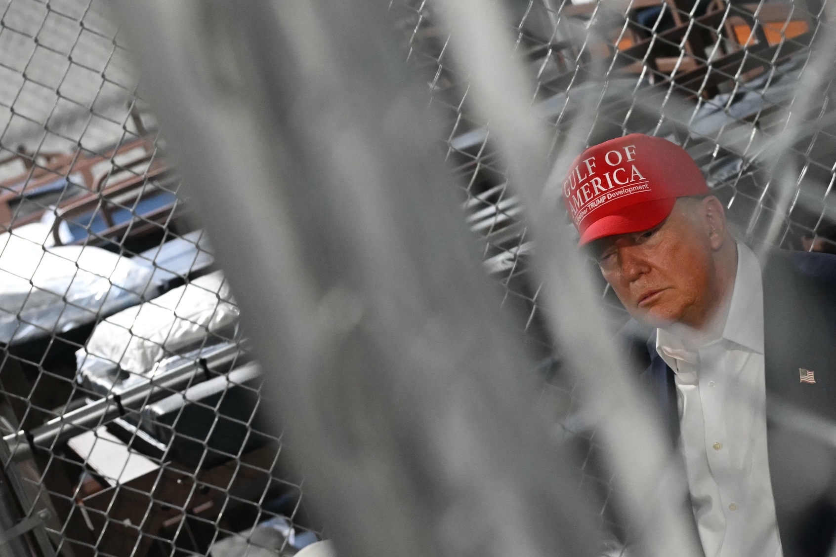 US President President Donald Trump visits a migrant detention center, dubbed "Alligator Alcatraz," located at the site of the Dade-Collier Training and Transition Airport in Ochopee, Florida. (Photo by Andrew Caballero-Reynolds)