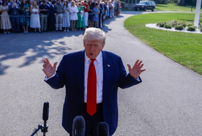 President Donald Trump speaks to members of the media before departing the White House en route to Turnberry, Scotland on July 25, 2025, in Washington DC. (Yasin Ozturk/Anadolu via Getty Images)