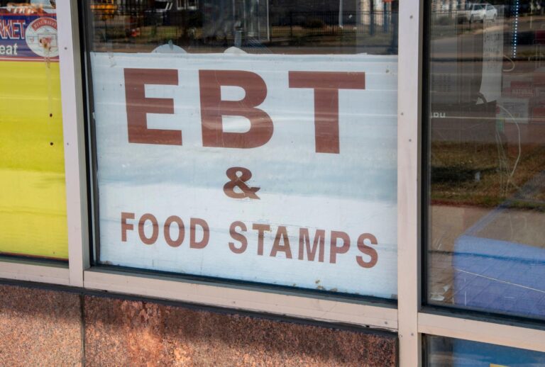 A grocery store with sign in the window accepting Electronic Benefit Transfer cards and food stamps in St. Paul, Minnessotta. (Michael Siluk/UCG/Universal Images Group via Getty Images)