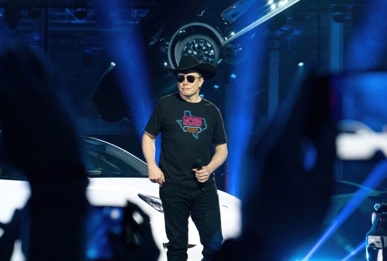 CEO of Tesla Motors Elon Musk speaks at the Tesla Giga Texas manufacturing "Cyber Rodeo" grand opening party on April 7, 2022 in Austin, Texas. ( SUZANNE CORDEIRO/AFP via Getty Images)