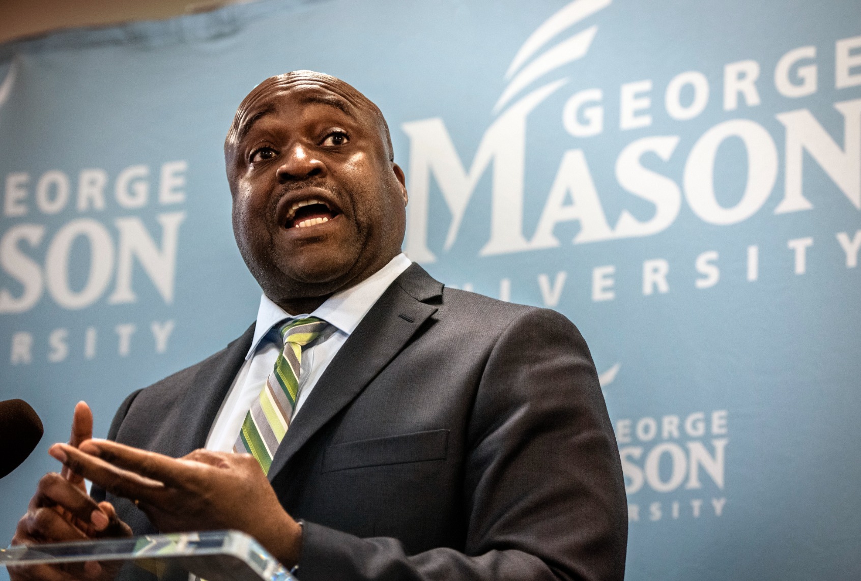 Dr. Gregory Washington, the president of George Mason University, holds a press conference in Fairfax, VA. (Bill O'Leary/The Washington Post via Getty Images)