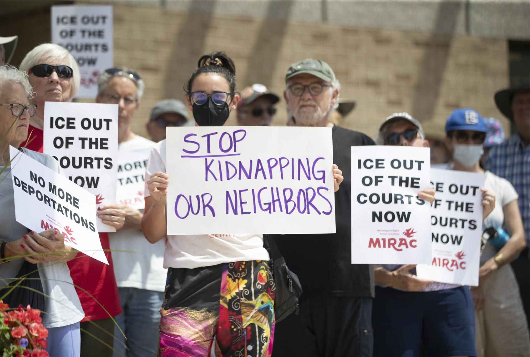 The Minnesota Immigrant Rights Action Committee protests outside ICE's regional headquarters in Saint Paul, Minnesota, on July 14, 2025. (Christopher Mark Juhn/Anadolu via Getty Images)