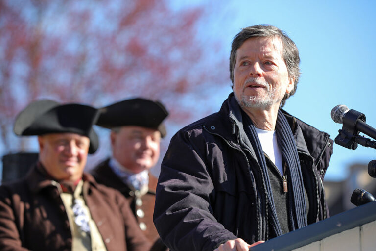 Filmmaker Ken Burns speaks during a press conference ahead of the celebration of the 250th anniversary of The Battle of Lexington in front of the Minuteman Statue. (Photo by Joanne Rathe Strohmeyer/The Boston Globe via Getty Images)