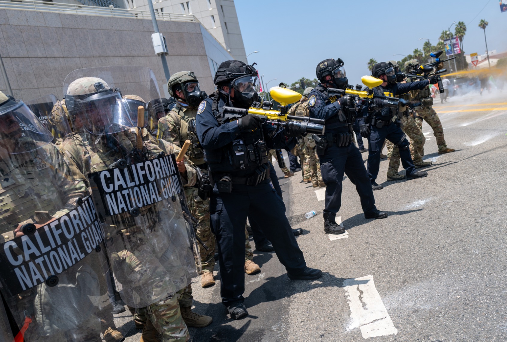 Demonstrators protest in Los Angeles following two days of clashes with police during a series of immigration raids on June 08, 2025. (Spencer Platt/Getty Images)