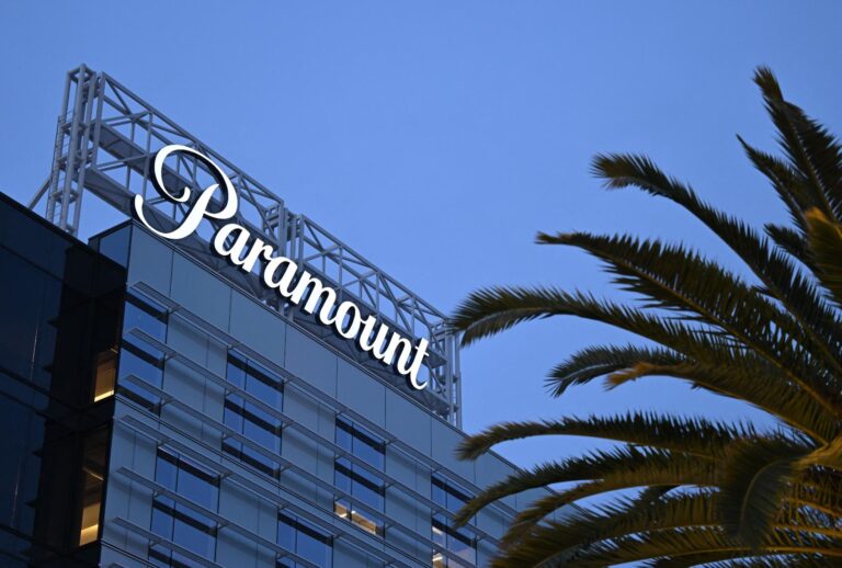 The Paramount logo is displayed at Columbia Square along Sunset Blvd in Hollywood, California on March 9, 2023.