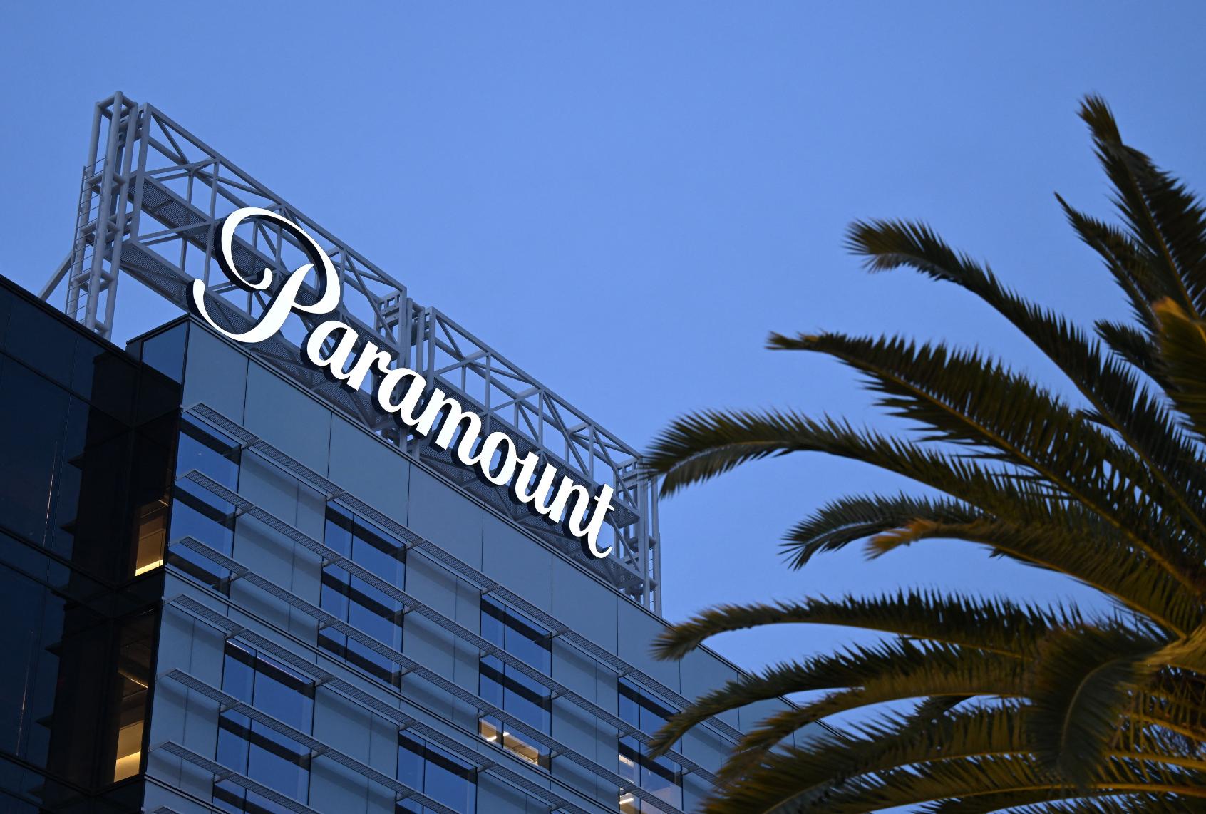 The Paramount logo is displayed at Columbia Square along Sunset Blvd in Hollywood, California on March 9, 2023.