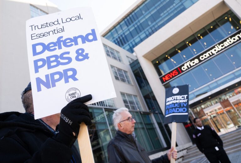 People participate in a rally to call on Congress to protect funding for US public broadcasters outside the NPR headquarters in Washington, DC, on March 26, 2025. (SAUL LOEB/AFP via Getty Images)