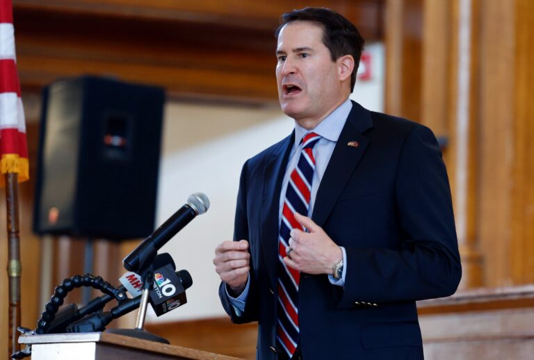 Congressman Seth Moulton speaks during a Veterans Day town hall event in Marblehead, MA on November 11, 2024. (Danielle Parhizkaran/The Boston Globe via Getty Images)