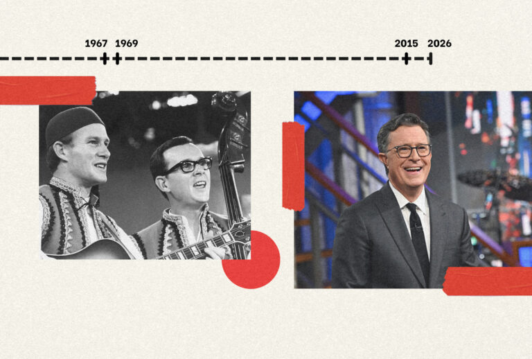 "The Smothers Brothers Comedy Hour" (left) and "The Late Show with Stephen Colbert" (right) (Photo illustration by Salon / Bettmann / Getty Images / Scott Kowalchyk / CBS )