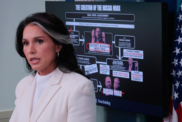 White House Director of National Intelligence Tulsi Gabbard talks to reporters in the Brady Press Briefing Room at the White House on July 23, 2025 in Washington, DC. (Chip Somodevilla/Getty Images)