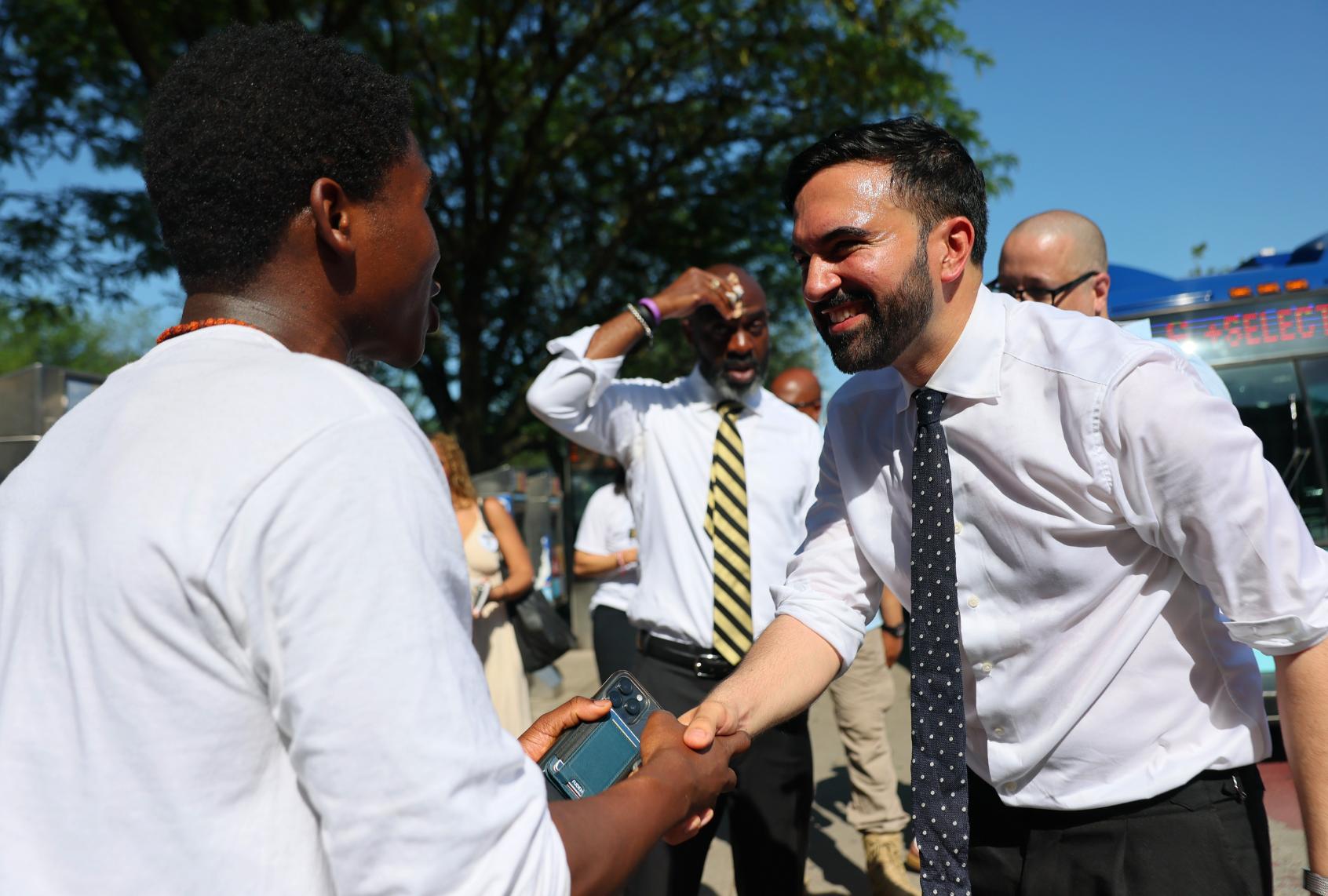 New York mayoral candidate, State Rep. Zohran Mamdani, D-N.Y., greets voters with Democratic mayoral candidate Michael Blake on 161st Street on June 24, 2025 in the South Bronx in New York City. (Michael M. Santiago/Getty Images)