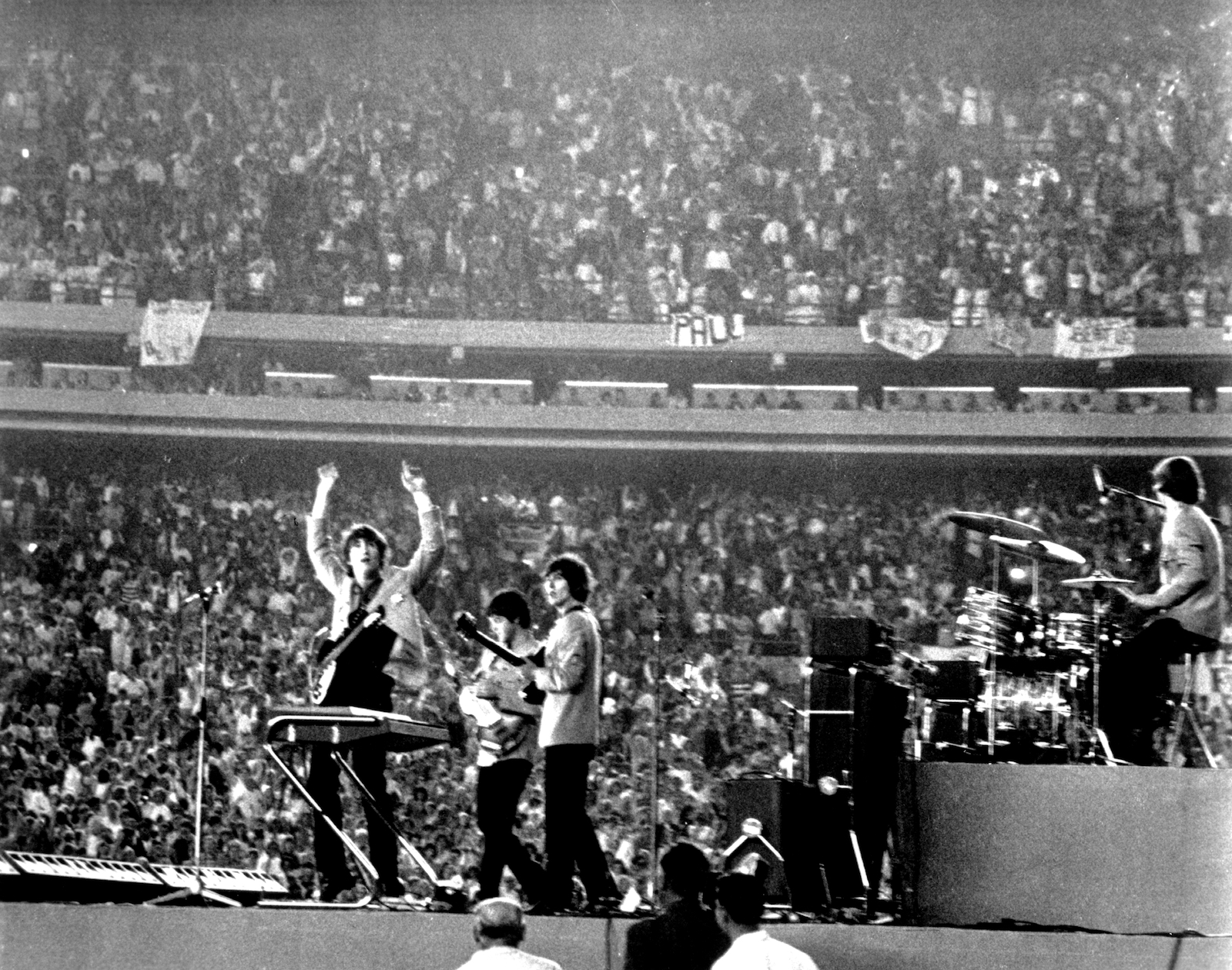 The Beatles perform at Shea Stadium, New York on 15th August 1965. (Michael Ochs Archives/Getty Images)