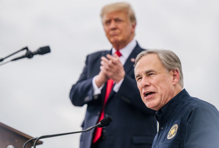 Texas Gov. Greg Abbott and (then-former) President Donald Trump speak in Pharr, Texas, on June 30, 2021. (Brandon Bell/Getty Images)