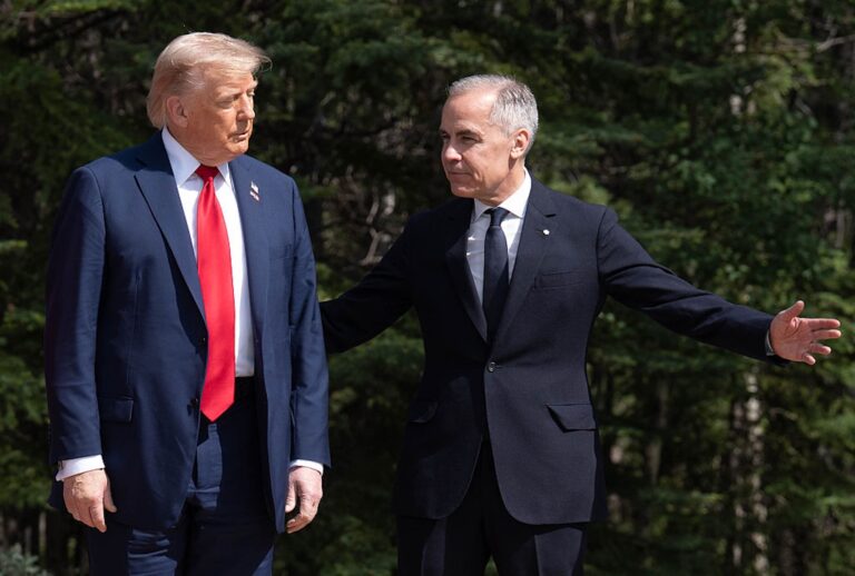 President Donald Trump and Canadian Prime Minister Mark Carney at the G7 Leaders Summit on June 15, 2025 in Kananaskis, Canada. (Stefan Rousseau - Pool/Getty Images)